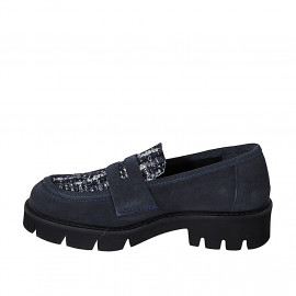 Women's college loafer in blue suede and blue-and-white fabric heel 3 - Available sizes:  32, 33, 34, 35, 42, 43, 44, 45, 46 2