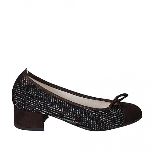 Bailarina para mujer en gamuza marron oscuro y tejido blanco, negro y granate con puntera y moño tacon 4 - Tallas disponibles:  32, 33, 34, 35, 42, 43, 44, 45, 46