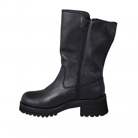 Botte biker pour femme avec double fermeture éclair en cuir noir et talon 5 - Pointures disponibles:  32, 33, 34, 35, 42, 43, 44, 45, 46 2