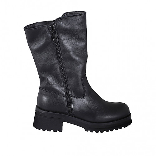 Botte biker pour femme avec double fermeture éclair en cuir noir et talon 5 - Pointures disponibles:  32, 33, 34, 35, 42, 43, 44, 45, 46