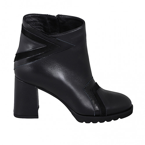 Botin para mujer con cremallera en piel, gamuza y charol negro tacon 7 - Tallas disponibles:  32, 33, 34, 35, 42, 43, 44, 45, 46