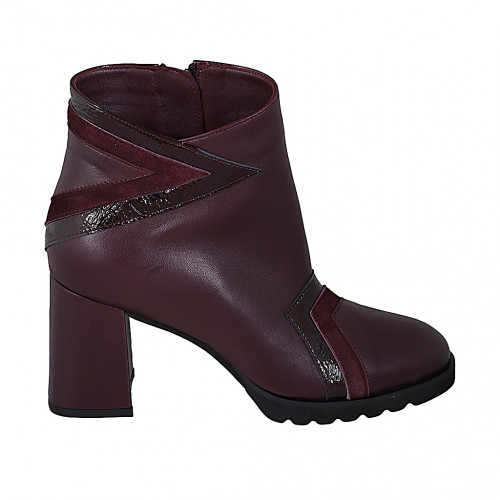 Woman's ankle boot with zipper in maroon leather, suede and patent leather heel 7 - Available sizes:  32, 33, 35, 42, 43, 44, 45, 46