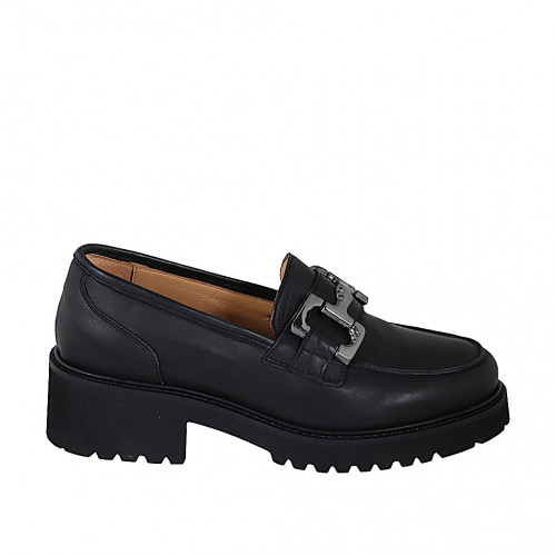 Woman's loafer with silver accessory in black leather heel 4 - Available sizes:  33, 34, 35, 43, 44, 46
