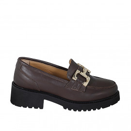 Woman's loafer with golden accessory in brown leather heel 4 - Available sizes:  34, 35, 43, 44, 45, 46