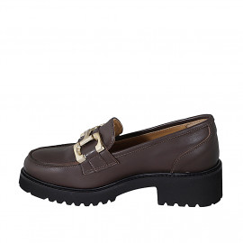 Woman's loafer with golden accessory in brown leather heel 4 - Available sizes:  34, 35, 43, 44, 45, 46 2