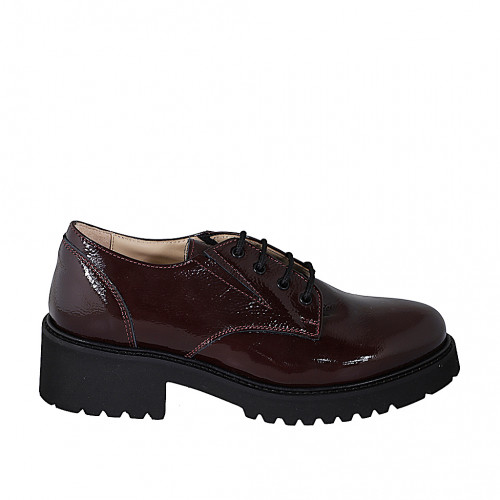 Zapato derby para mujer en charol granate con elasticos tacon 4 - Tallas disponibles:  33, 34, 35, 42, 43, 44, 45, 46