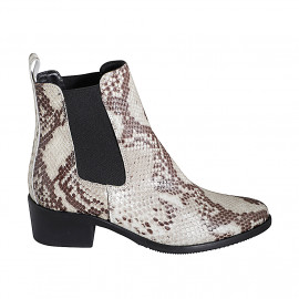 Woman's pointy texan ankle boot with elastic bands in beige and brown printed leather heel 4 - Available sizes:  32, 34, 35, 42, 43, 44, 45, 46, 47