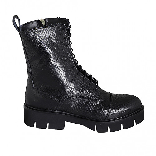 Bottines pour femmes avec lacets, bout droit et fermeture éclair en cuir imprimé noir talon 4 - Pointures disponibles:  32, 33, 34, 35, 42, 43, 44, 45, 46, 47