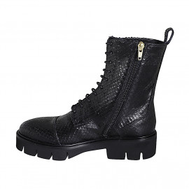 Bottines pour femmes avec lacets, bout droit et fermeture éclair en cuir imprimé noir talon 4 - Pointures disponibles:  32, 33, 34, 35, 42, 43, 44, 45, 46, 47 2