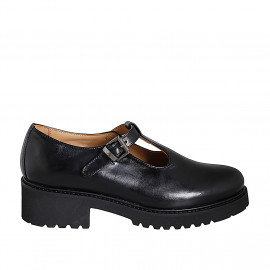 Woman's highfronted Mary Jane shoe with T-strap in black leather heel 4 - Available sizes:  33, 35, 42, 43, 44, 46