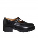 Woman's highfronted Mary Jane shoe with T-strap in black leather heel 4 - Available sizes:  33, 35, 42, 43, 44, 46