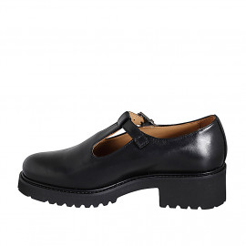 Zapato Mary Jane con cinturon charleston para mujer en piel negra tacon 4 - Tallas disponibles:  33, 35, 42, 43, 44, 46 2