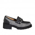 Woman's loafer shoes with accessory in black leather and grey Prince of Wales fabric heel 4 - Available sizes:  33, 35, 42, 43, 44, 45