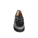 Mocasines para mujer con accesorio en piel negra y tela principe di Gales gris tacon 4 - Tallas disponibles:  33, 35, 42, 43, 44, 45