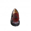Mocassino da donna con nappine ed elastici in tessuto tartan multicolore e vernice bordeaux tacco 4 - Misure disponibili: 33, 34, 35, 42, 43, 44, 45, 46