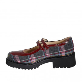 Escarpin Mary Jane pour femmes avec courroies en tissu tartan multicolor et cuir verni bordeaux talon 4 - Pointures disponibles:  33, 34, 35, 42, 43, 46 2