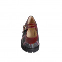 Zapato Mary Jane para mujer con cinturones en tejido de tartan multicolor y charol granate tacon 4 - Tallas disponibles:  33, 34, 35, 42, 43, 46