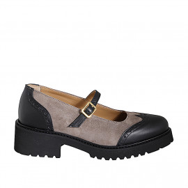 Zapato Mary Jane para mujer con cinturon y punta de ala en gamuza gris pardo y piel negra tacon 4 - Tallas disponibles:  33, 35, 42, 43, 44, 45, 46
