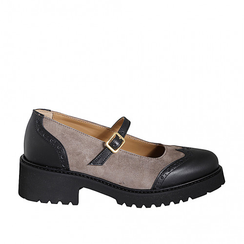 Decolté Mary Jane da donna con cinturino e coda di rondine in camoscio taupe e pelle nera tacco 4 - Misure disponibili: 33, 35, 42, 43, 44, 45, 46