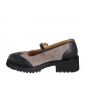 Zapato Mary Jane para mujer con cinturon y punta de ala en gamuza gris pardo y piel negra tacon 4 - Tallas disponibles:  33, 35, 42, 43, 44, 45, 46