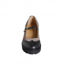 Zapato Mary Jane para mujer con cinturon y punta de ala en gamuza gris pardo y piel negra tacon 4 - Tallas disponibles:  33, 35, 42, 43, 44, 45, 46