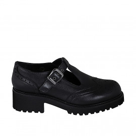 Woman's highfronted Mary Jane shoe with T-strap in black leather and and wingtip heel 5 - Available sizes:  33, 34, 35, 42, 43, 44, 46