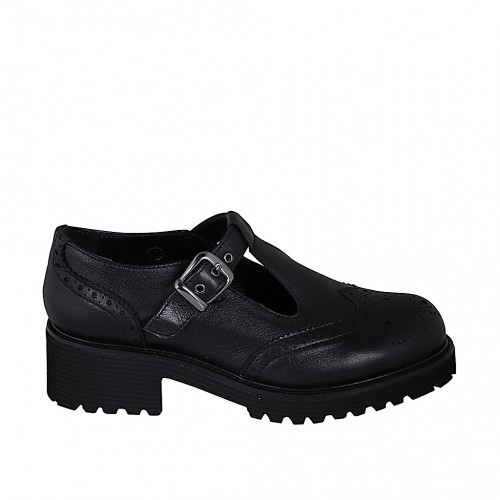 Chaussure Mary Jane pour femmes avec courroie en T et bout golfen cuir noir talon 5 - Pointures disponibles:  33, 34, 35, 42, 43, 44, 46