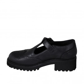 Zapato Mary Jane con cinturon charleston y punta de ala para mujer en piel negra tacon 5 - Tallas disponibles:  33, 34, 35, 42, 43, 44, 46 2