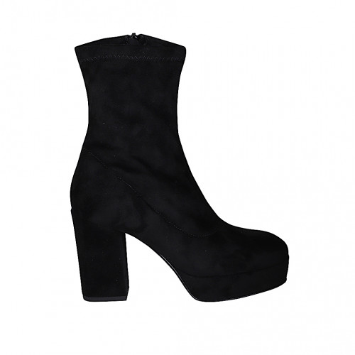 Woman's ankle boot with zipper and platform in black elastic material and suede heel 9 - Available sizes:  32, 33, 34, 35