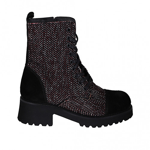 Botín para mujer con cordones, puntera en gamuza negra y tejido negro, blanco y granate tacón 5 - Tallas disponibles:  32, 33, 35, 42, 43, 44, 45, 46