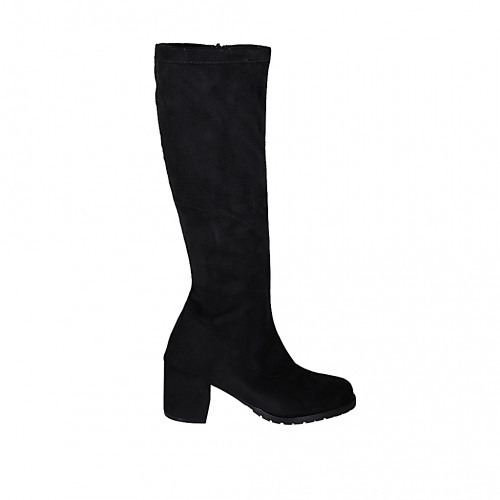 Botas a la rodilla para mujer en gamuza y material elastico negro tacon 6 - Tallas disponibles:  33, 34, 35, 43, 44, 45