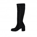 Botas a la rodilla para mujer en gamuza y material elastico negro tacon 6 - Tallas disponibles:  33, 34, 35, 43, 44, 45