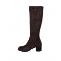 Woman's knee-high boot in dark brown suede and elastic material heel 6 - Available sizes:  32, 33, 34, 35, 42, 43, 44, 45