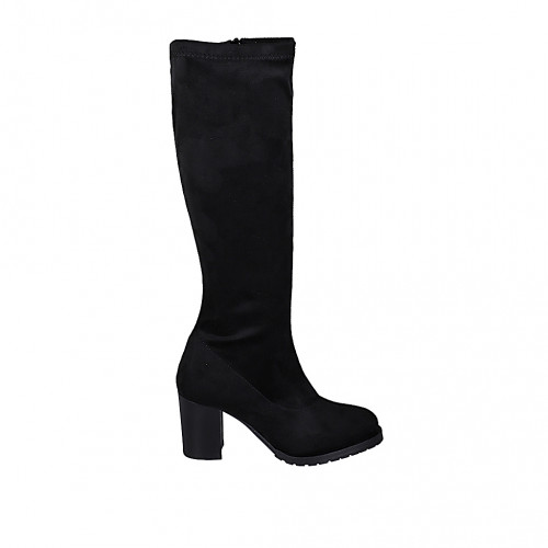 Woman's knee-high boot in black suede and elastic material heel 7 - Available sizes:  32, 33, 42, 44, 45