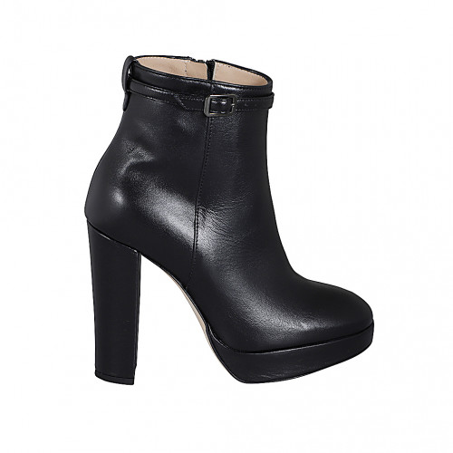 Bottine pour femme avec plateau, fermeture éclair et bride en cuir noir talon 11 - Pointures disponibles:  31, 32, 34, 35, 42, 43, 44