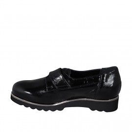 Woman's highfronted shoe with velcro and removable insole in black patent leather wedge 3 - Available sizes:  32, 33, 34, 35, 42, 43, 44, 46 2