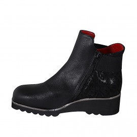 Botines para mujer en piel y charol imprimido negro con cremallera, elastico y plantilla extraible cuña 4 - Tallas disponibles:  32, 33, 34, 35, 42, 43, 44, 45, 46 2