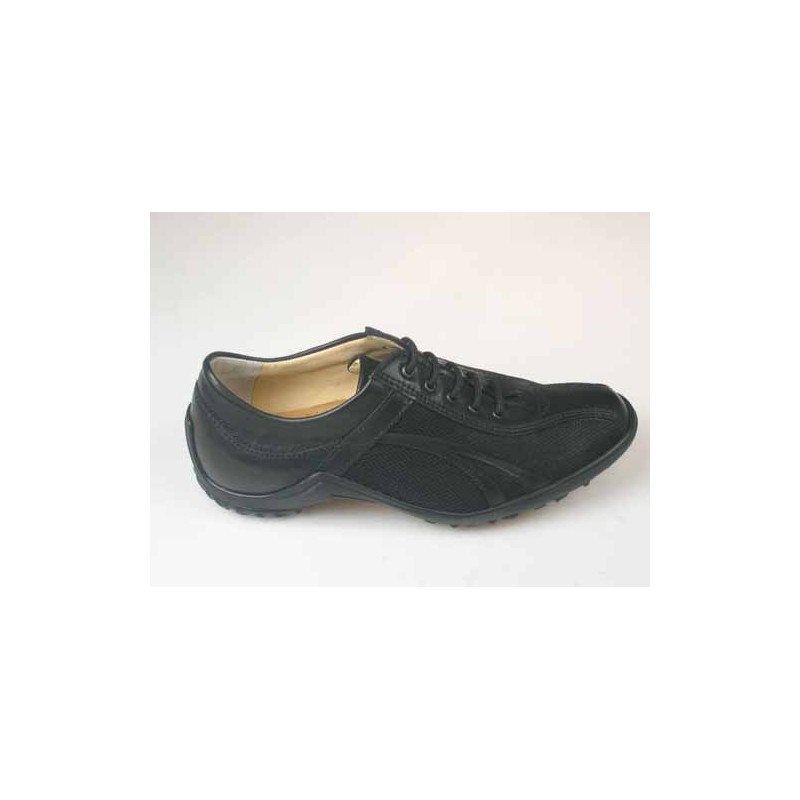 Men's sports shoe with laces in black leather and fabric - Available sizes:  36, 46