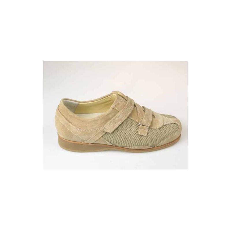 Chaussure sportif por hommes avec velcro en daim et tissu beige - Pointures disponibles:  36, 37
