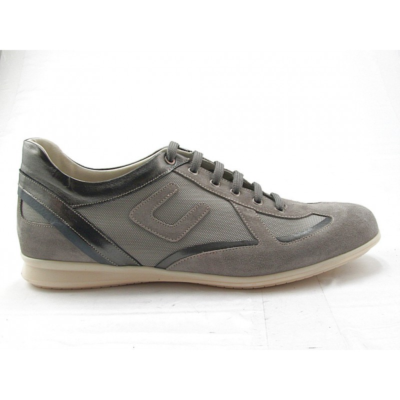 Men's lace-up sportshoe in sand beige suede, gray leather and fabric - Available sizes:  36