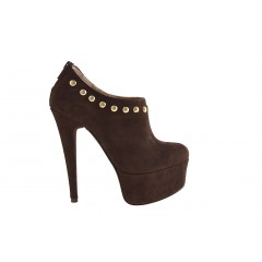 Highfronted shoe with platform, studs and zipper in brown suede heel 15 - Available sizes:  42