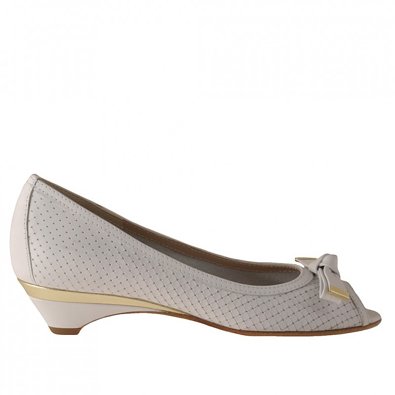 Scarpa aperta in punta con fiocco in pelle bianca e platino tacco 3 - Misure disponibili: 31