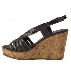 Sandale avec liège talon compensé en cuir verni noir - Pointures disponibles:  42 2