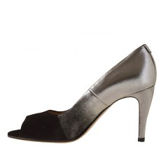 Chaussure à bout ouvert pour femmes en cuir argent et daim noir talon 9 - Pointures disponibles:  31 2