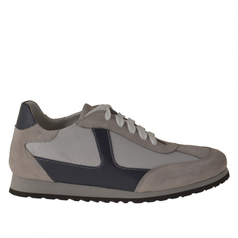 Mens' laced sports shoe in grey suede and fabric and blue leather - Available sizes:  36