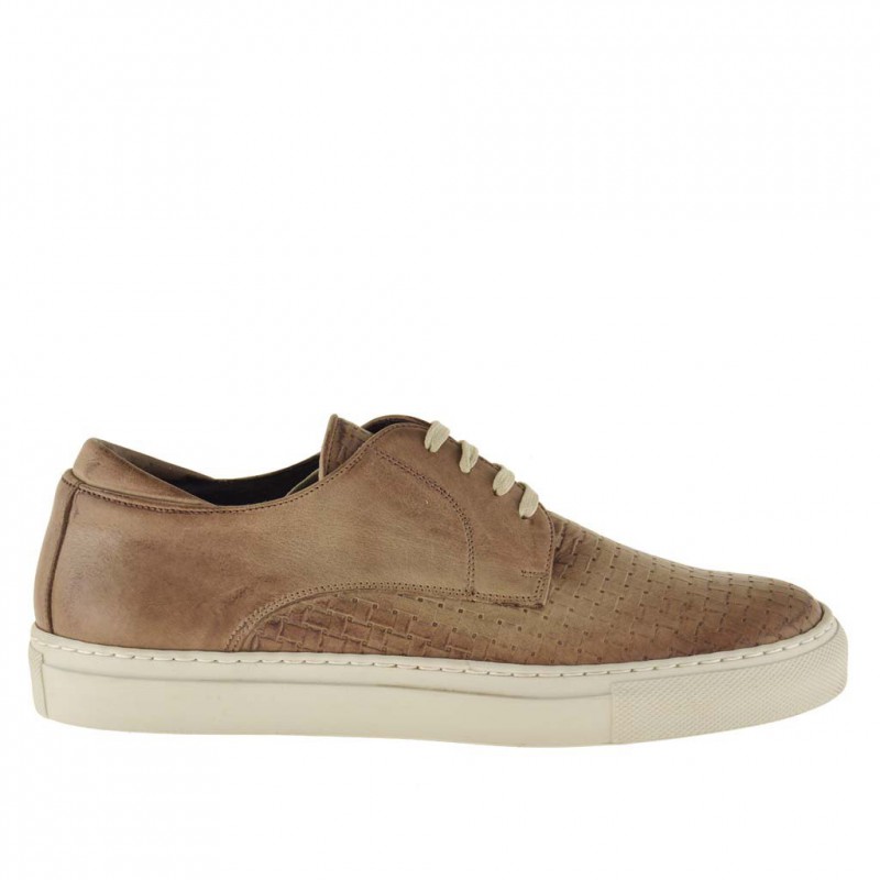 Men's casual laced shoe in earth beige braid-printed leather  - Available sizes:  36