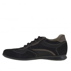 Men's casual laced shoe in black suede and fabric and taupe leather - Available sizes:  46 2