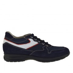 Men's sports lace-up shoe in dark blue suede and fabric and white and red leather - Available sizes:  36, 37