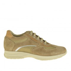 Men's casual lace-up shoe in beige suede and fabric - Available sizes:  36
