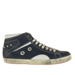 Men's sports shoe with laces in dark blue and white leather  - Available sizes:  36